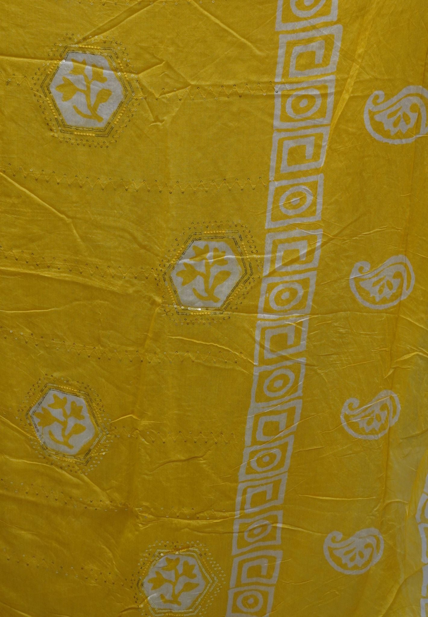 Batick Cotton Saree- Yellow with Sequence Work