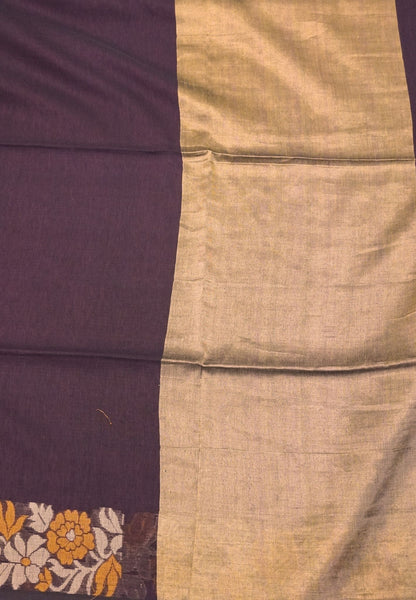 Handloom Cotton Saree-Coffe Brown Marigold Floral Jamdhani Border