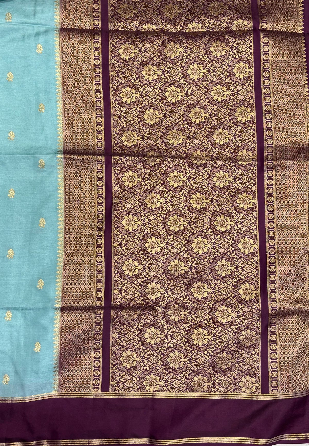 Gaji Silk Saree-Sea Blue in Floral Brocade Zari with Contrast Border