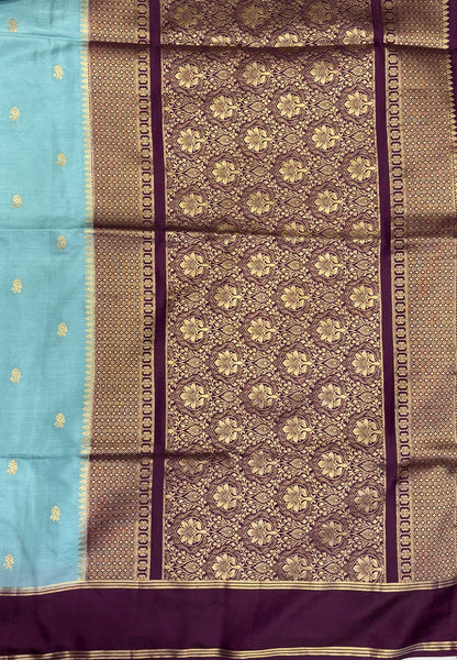 Gaji Silk Saree-Sea Blue in Floral Brocade Zari with Contrast Border