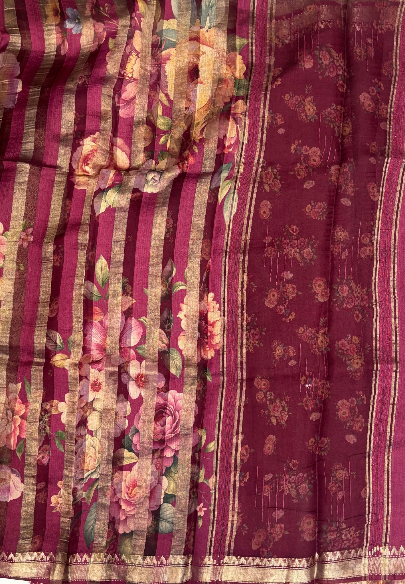 Pure Organza Tussar Saree-Wine In Multi-Stripe Zari Border