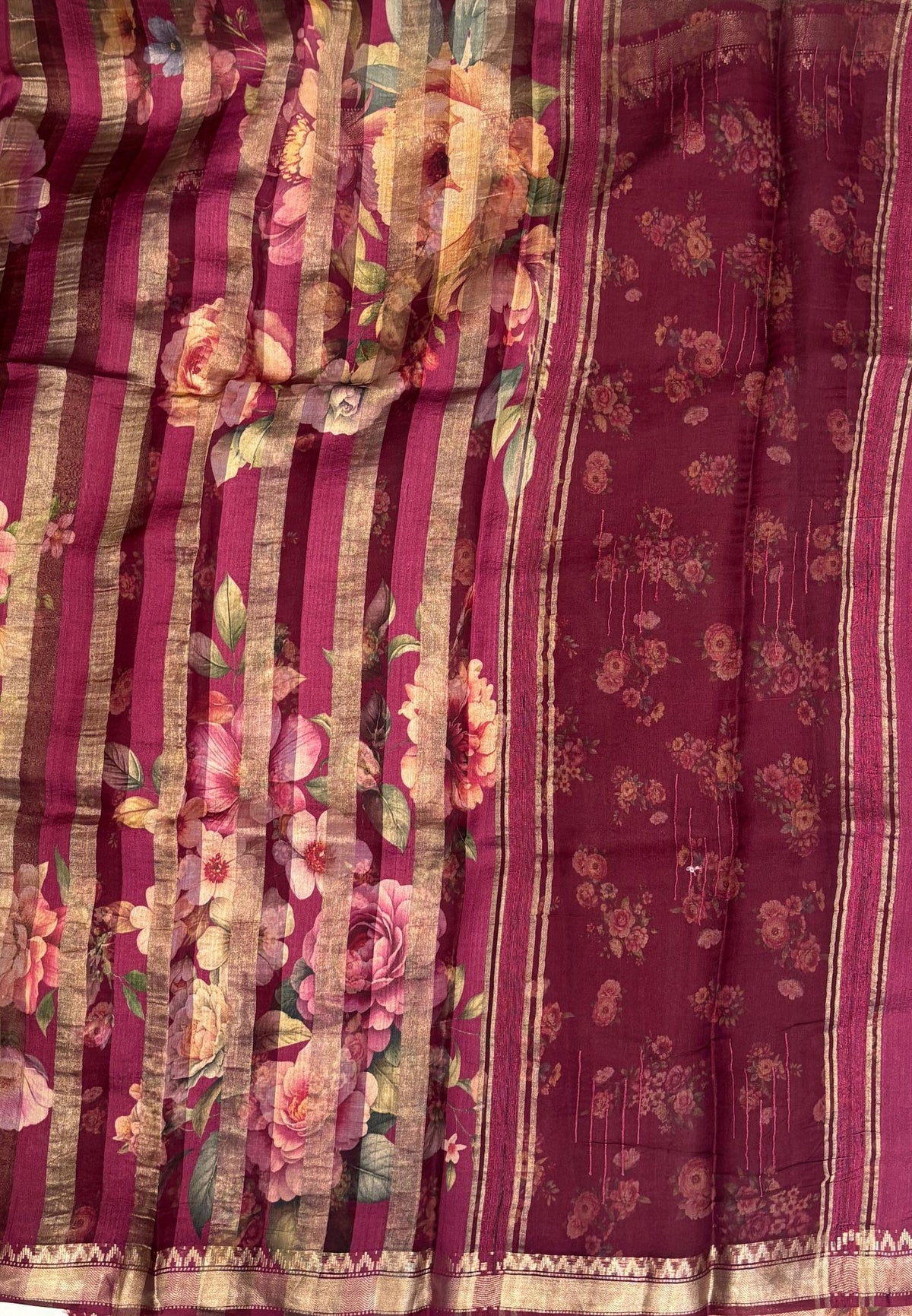 Pure Organza Tussar Saree-Wine In Multi-Stripe Zari Border