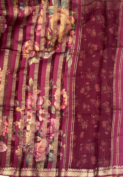 Pure Organza Tussar Saree-Wine In Multi-Stripe Zari Border