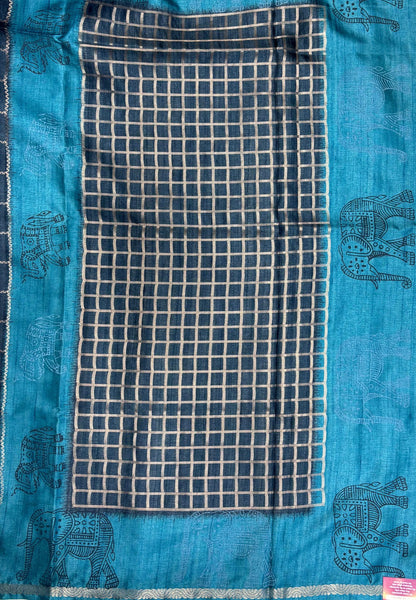 Semi Tussar Saree-Peacock Blue in Traditional Elephant Motif Zari Border