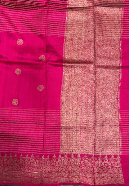 Pure Handloom Tussar Saree-Rani Pink in Traditional Floral Brocade Border