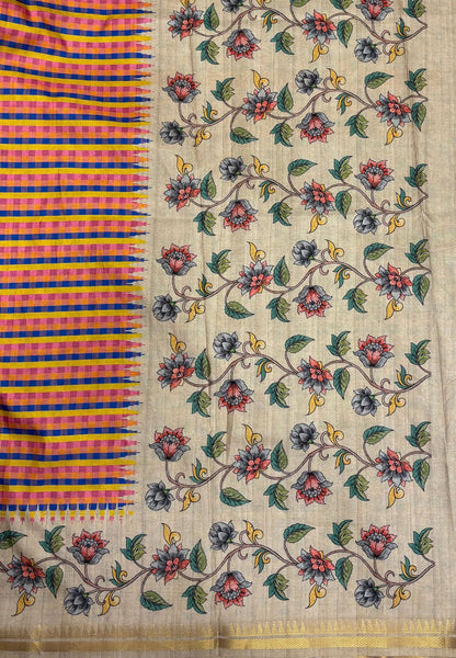 Semi Tussar Saree-Blue in Mini Checks Floral Border