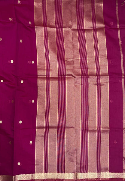 Semi Maheswari Saree-Wine In Multi-Stripe Zari Border