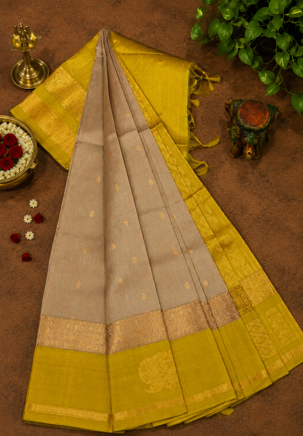 Pure Silk Cotton Saree-Sandal with Lime Yellow in Traditional Annapakshi Border