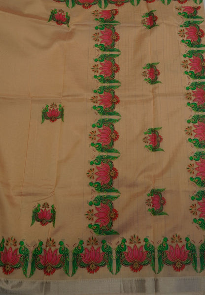 Pure Mangalgiri Silk Saree-Beige with Tanjore Print