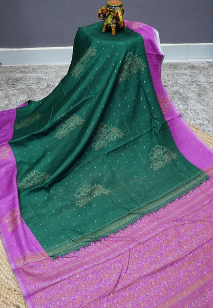 Semi Tussar Saree-Bottle Green with Mini Zari Dots