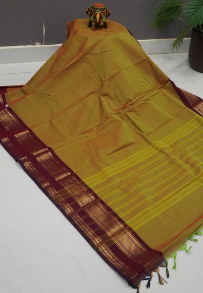 Chettinadu Cotton Saree-Manthulir Green with Contrast Big Border