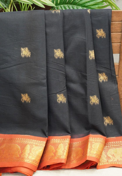 Chettinad Cotton Saree–Black with Elephant Zari Border