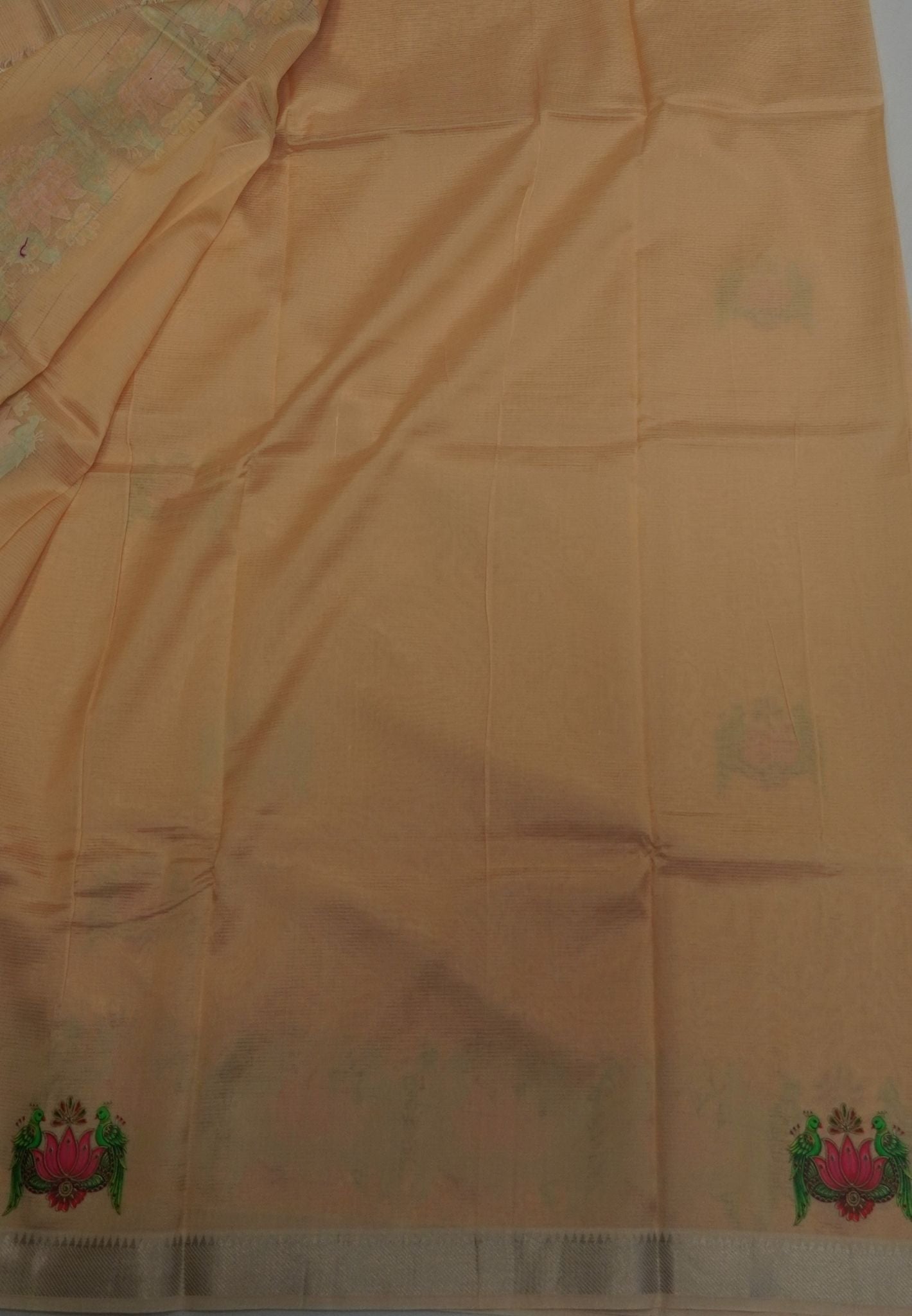 Pure Mangalgiri Silk Saree-Beige with Tanjore Print