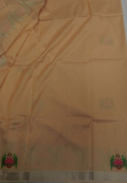 Pure Mangalgiri Silk Saree-Beige with Tanjore Print