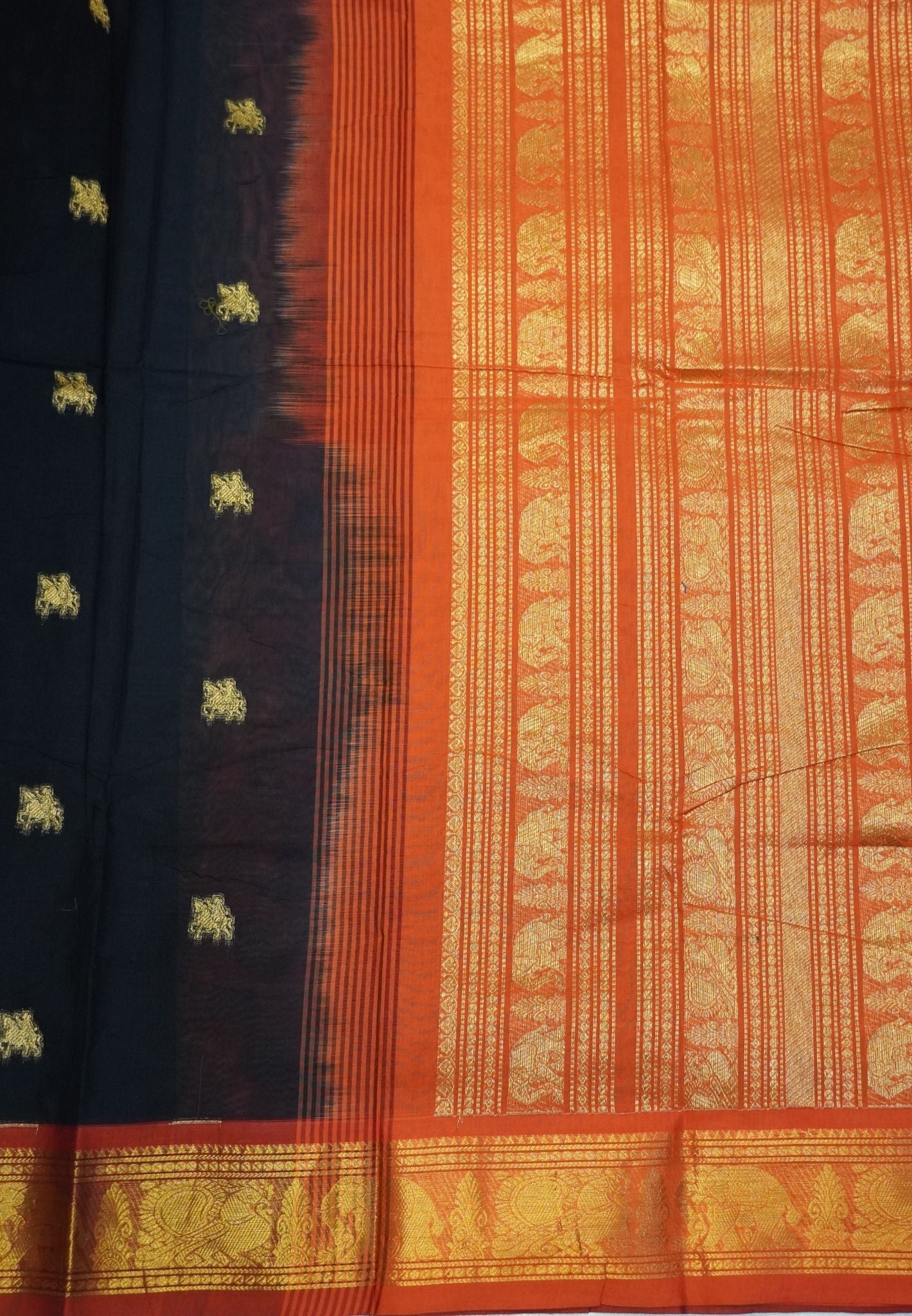 Chettinad Cotton Saree–Black with Elephant Zari Border