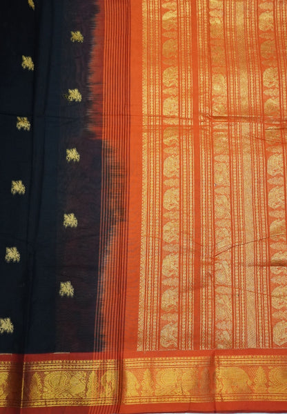 Chettinad Cotton Saree–Black with Elephant Zari Border