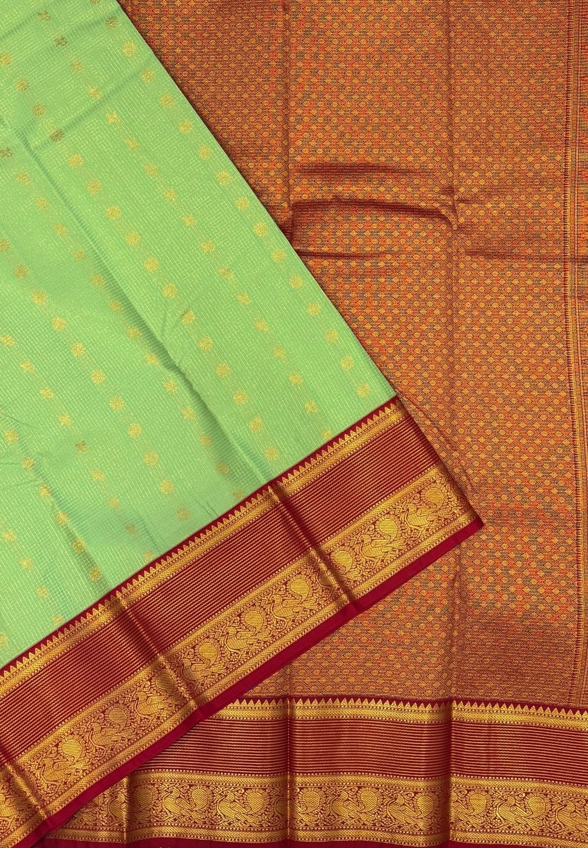 Budget Kanchipuram Saree-Light Pista Green In Floral Zari Panel With Contrast Border