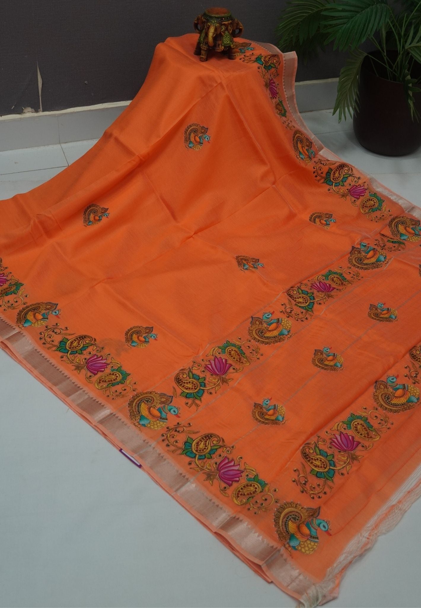 Pure Mangalgiri Silk Saree-Orange with Tanjore Print