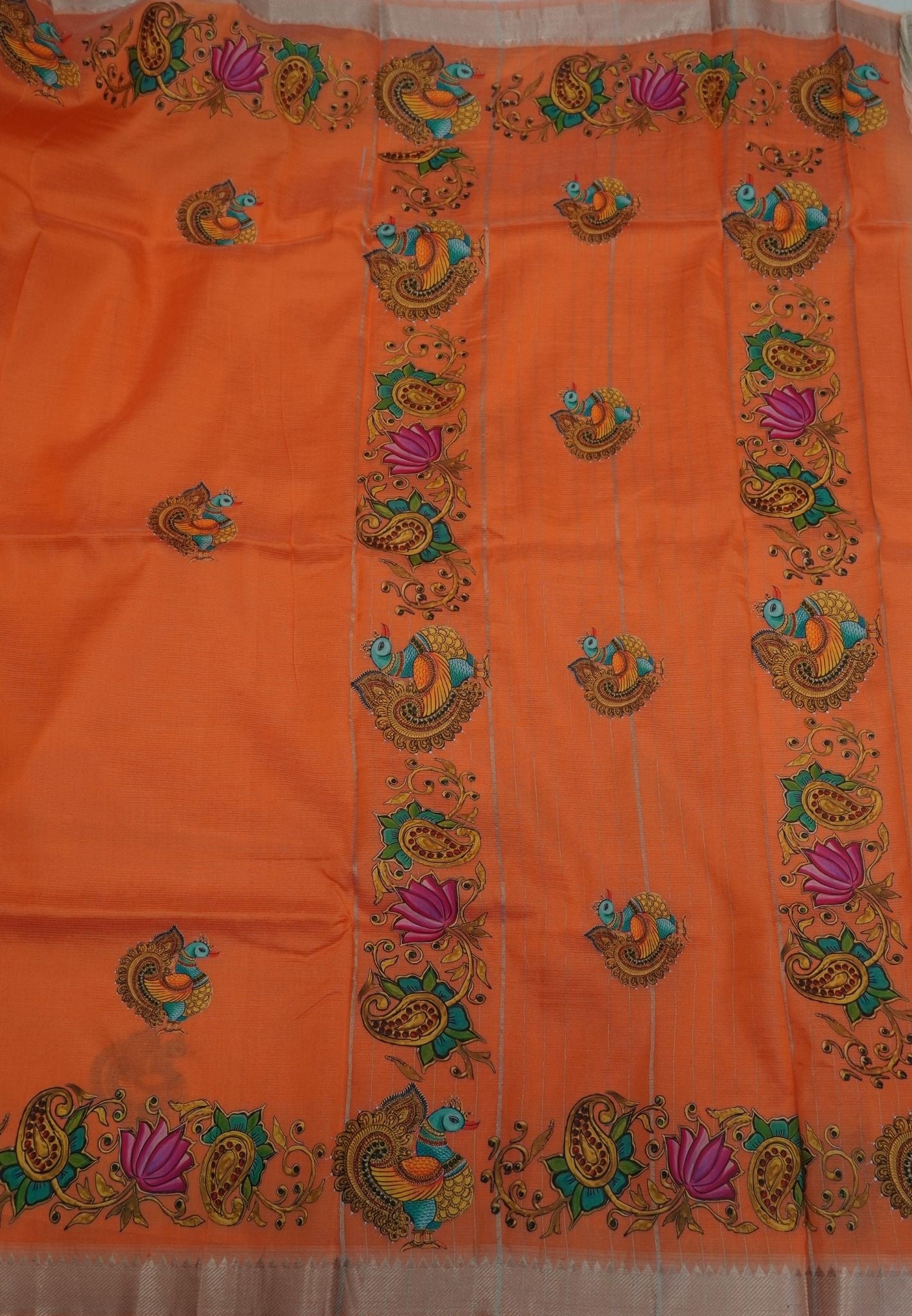 Pure Mangalgiri Silk Saree-Orange with Tanjore Print