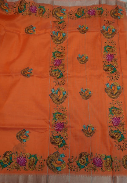 Pure Mangalgiri Silk Saree-Orange with Tanjore Print