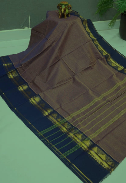Chettinadu Cotton Saree-Brown with Contrast Gap Border