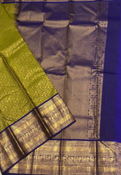 Pure Kanchipuram Silk Saree-Olive Green with Contrast Border
