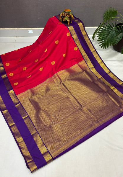 Budget Kanchipuram Saree-Chilli Red with Contrast Border