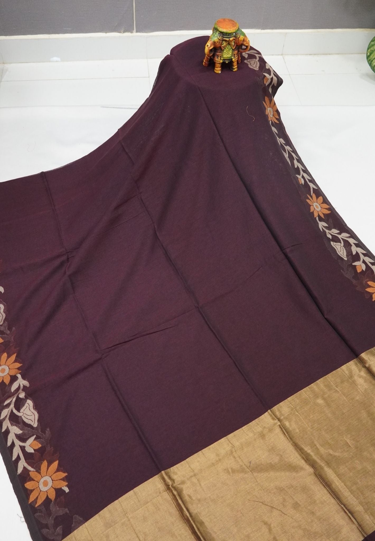 Handloom Cotton Saree-Coffee Brown Jamdhani Border