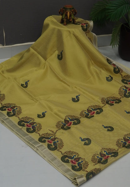 Pure Mangalgiri Silk Saree-Lime Yellow with Tanjore Print