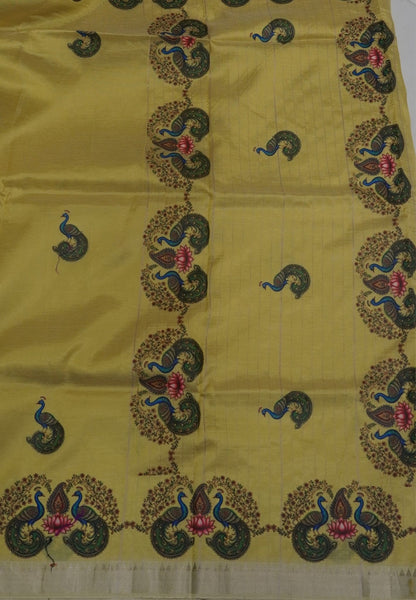Pure Mangalgiri Silk Saree-Lime Yellow with Tanjore Print