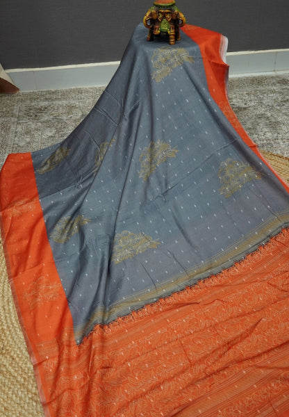 Semi Tussar Saree-Grey with Mini Zari Dots