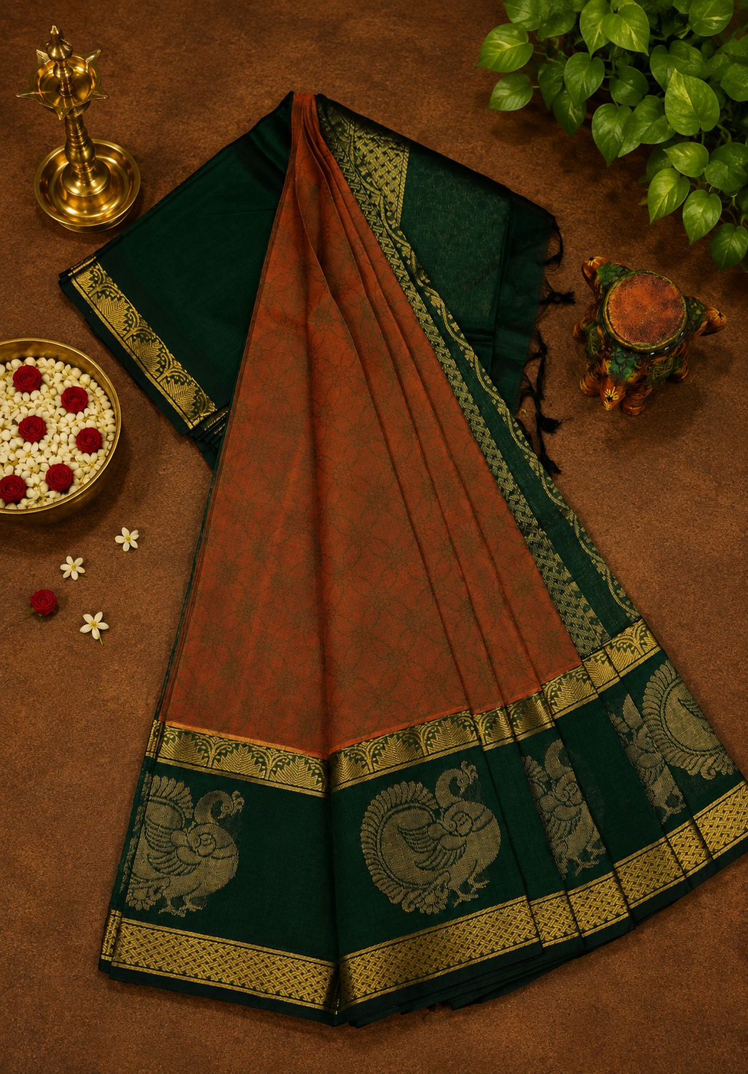 Pure Silk Cotton Saree-Burnt orange with Green in Heritage Annapakshi Border