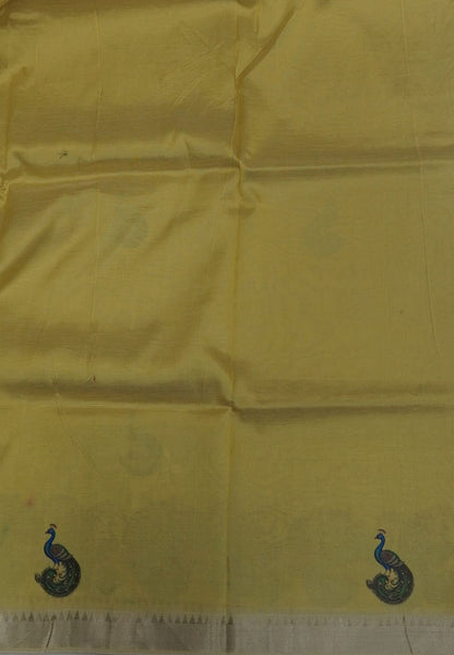 Pure Mangalgiri Silk Saree-Lime Yellow with Tanjore Print
