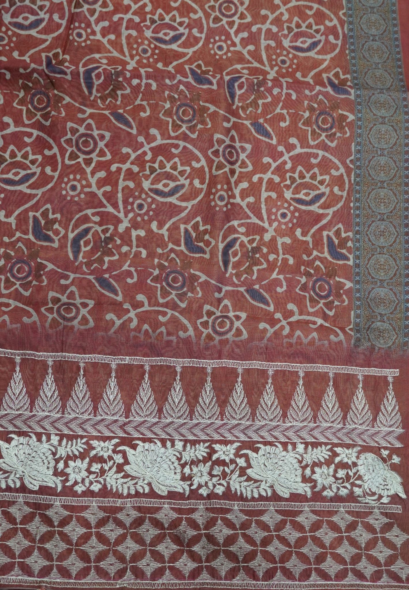 Semi Chanderi Saree-Orange with Floral Pattern