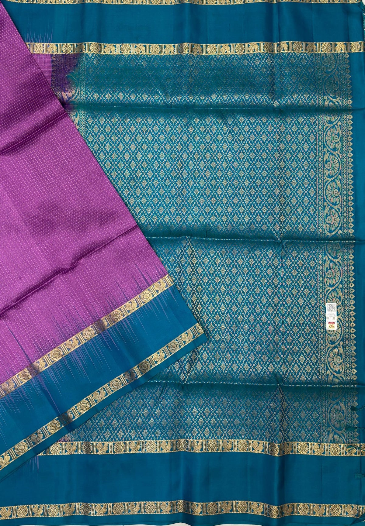 Pure Kanchipuram Silk Saree-Purple in Zari Checks with Contrast Retapet Border