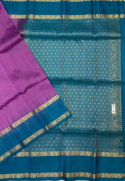 Pure Kanchipuram Silk Saree-Purple in Zari Checks with Contrast Retapet Border