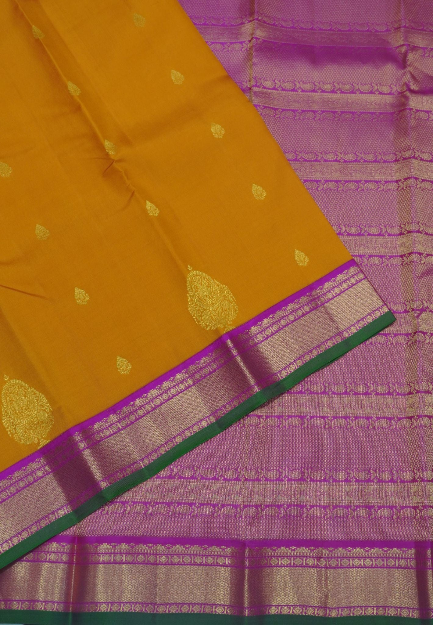 Pure Kanchipuram Silk Saree - Mustard -Pink with Paisley Motif