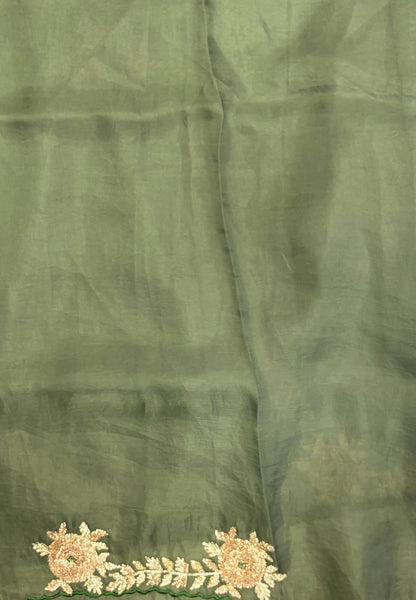 Crush Organza Saree-Grass Green In Floral Vine Scallop Border