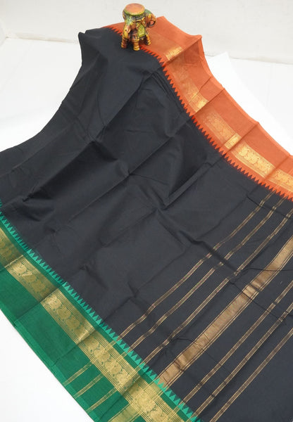 Chettinadu Cotton Saree-Black with Ganga Jamuna Border