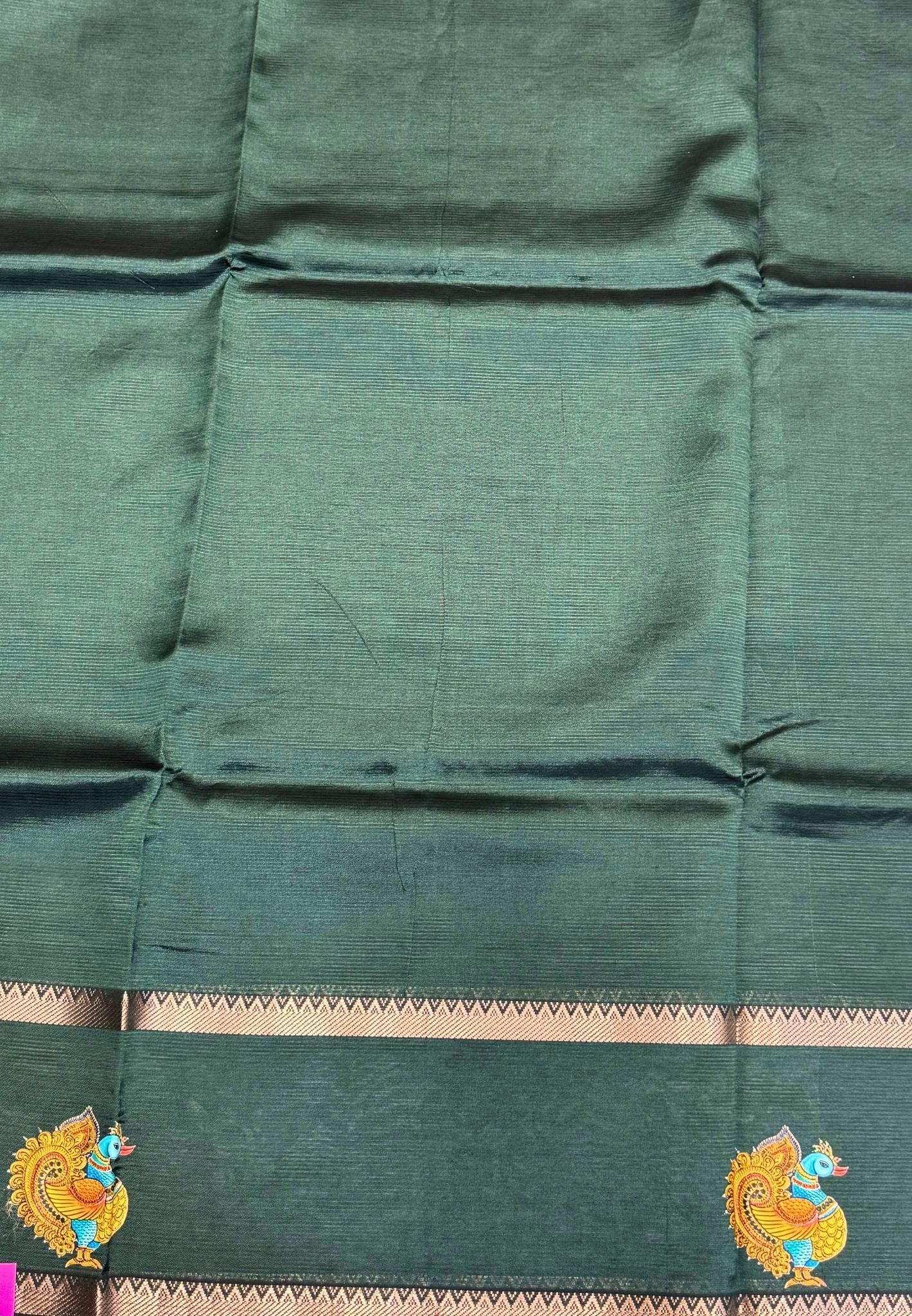 Pure Mangalgiri Silk Saree-Bottle Green with Tanjore Print