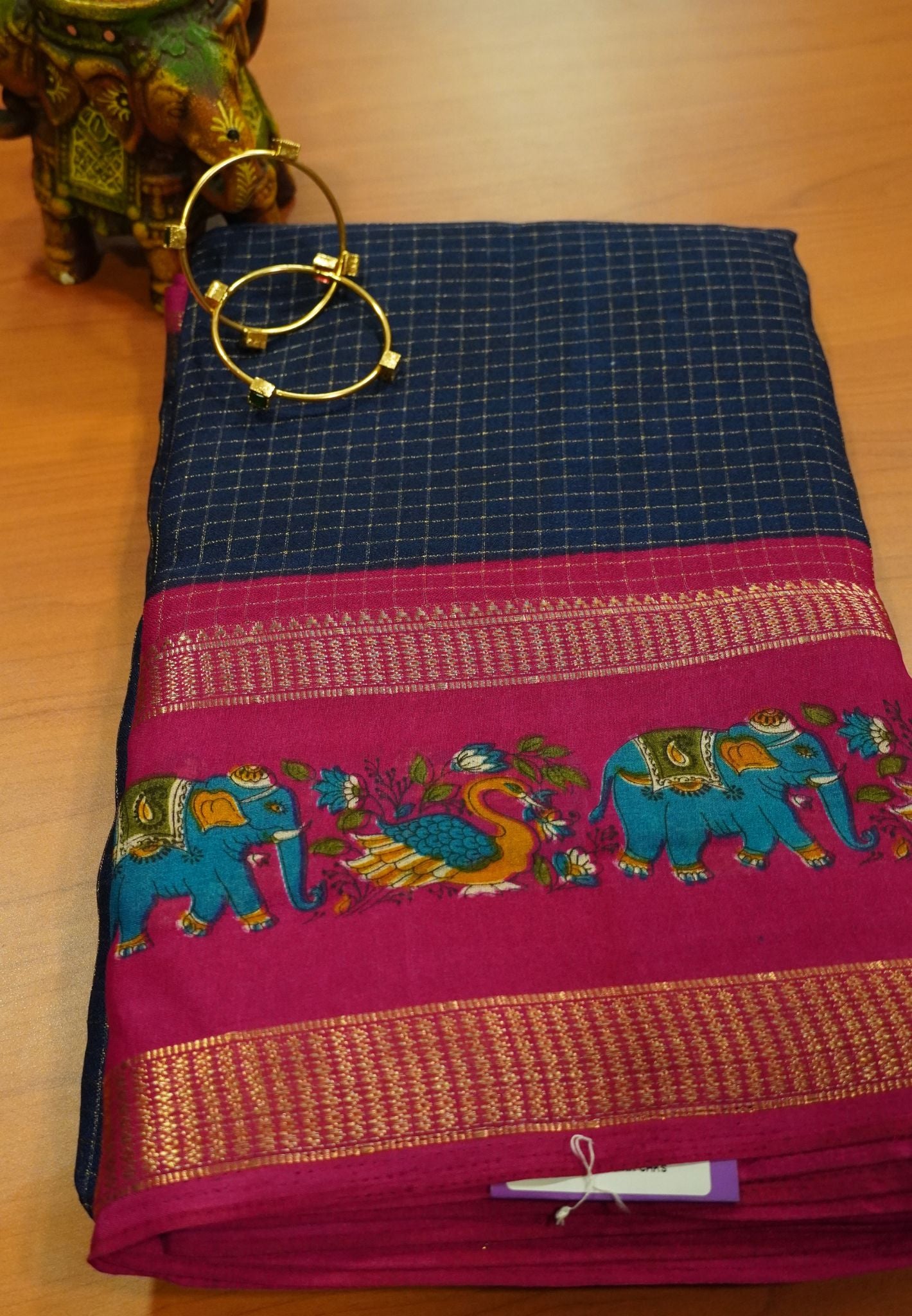 Chiffon Saree - Checks Blue - Pink