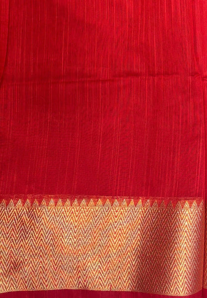 Handloom Cotton Saree-Red In Zigzag Zari Border