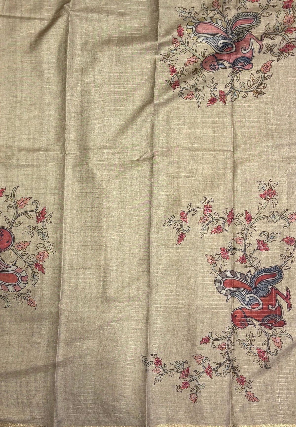Soft Tussar Saree-Brown In Kalamkari Peacock Border