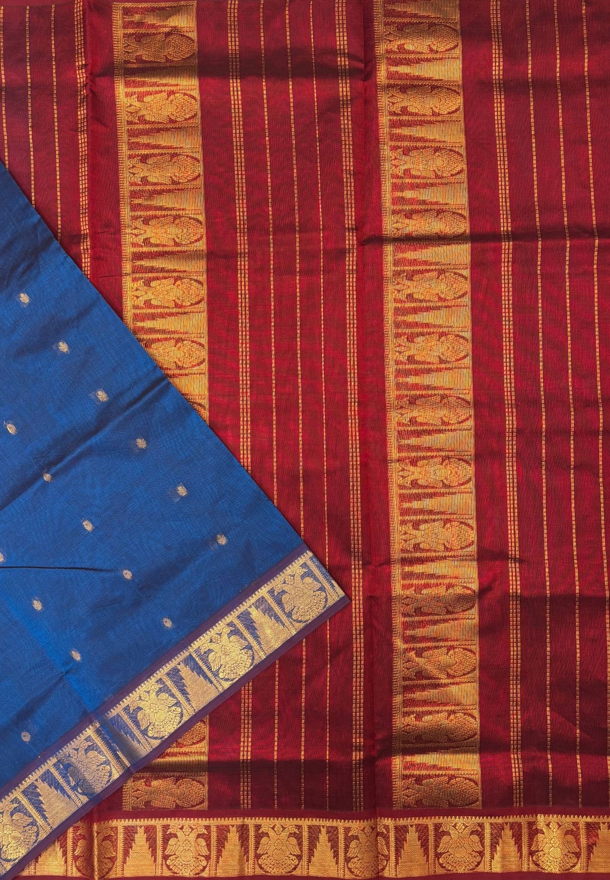 Silk Cotton Saree–Sulphate Blue-Maroon in Mini Buttas with Contrast Border