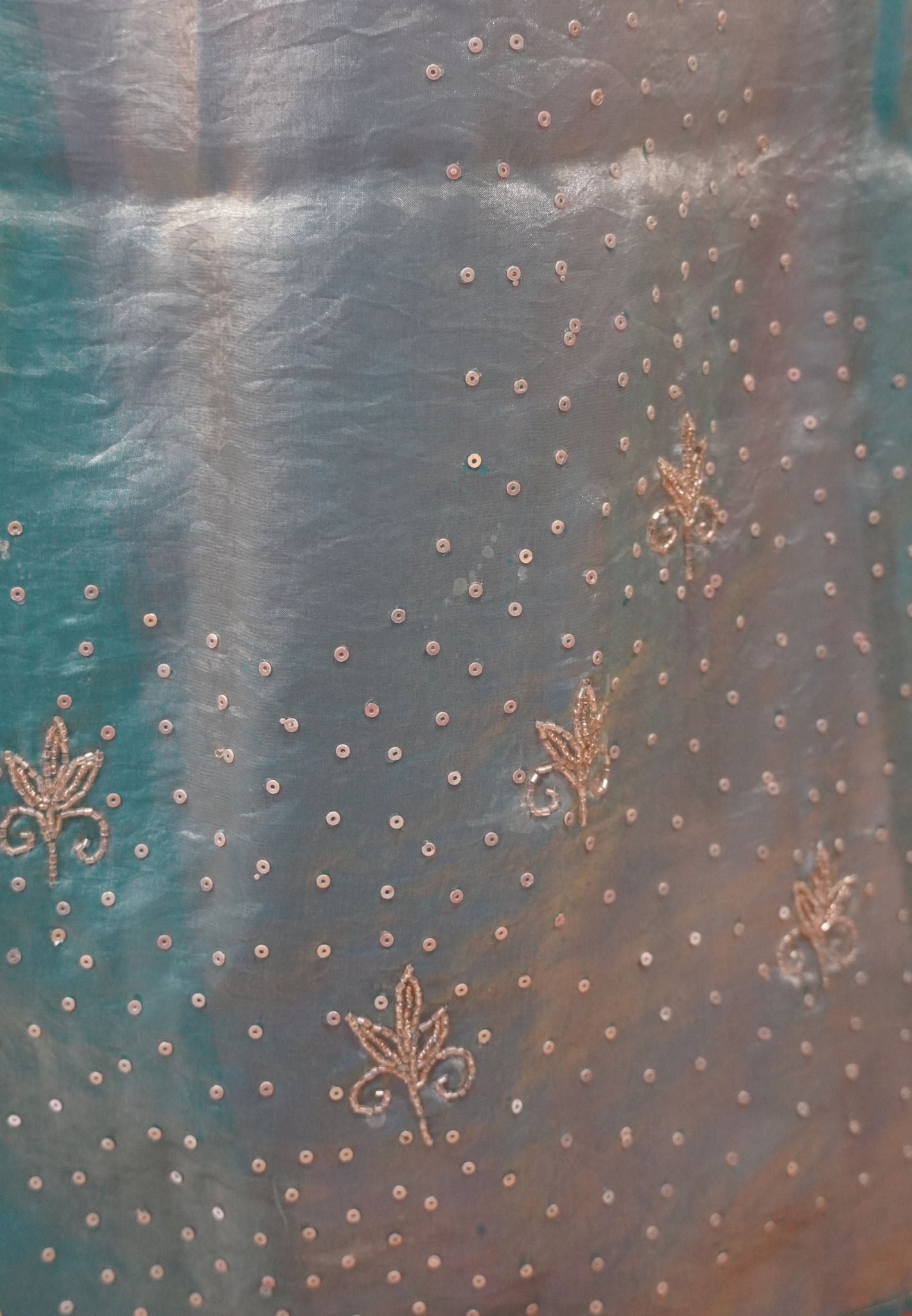 Designer Saree-Pastel pink& Sky Blue Duo Tone Encrusted with Scalloped Stone Work
