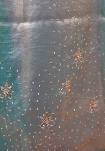 Mira Designer Saree-Pastel pink& Sky Blue Duo Tone Encrusted with Scalloped Stone Work
