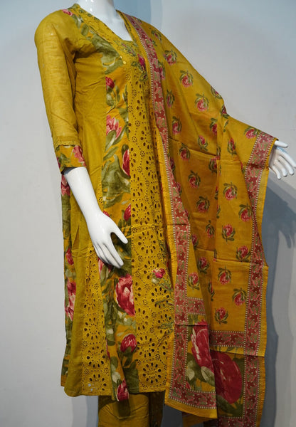 3 Pcs Floral Kurti Set with Cutwork
