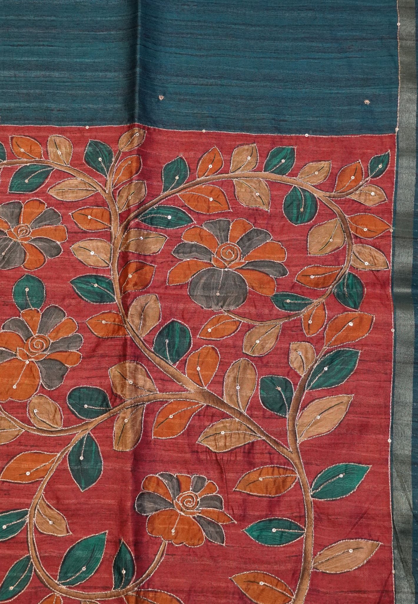 Semi Tussar Saree - Mayil Katch Work Peacock Blue
