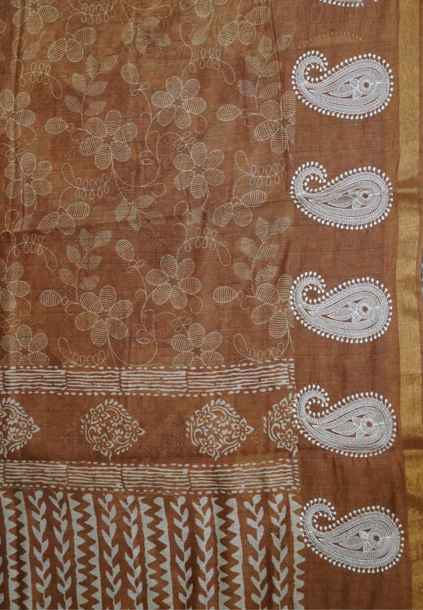 Semi Chanderi Saree-Khaki with Manga Embroidery