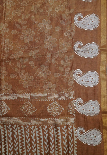 Semi Chanderi Saree-Khaki with Manga Embroidery